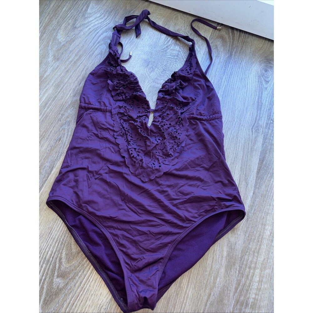 Laundry By Shelli Segal One Piece Swimsuit L Halter Tie Logo Ruffle Plum Purple